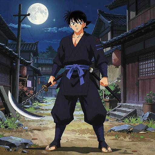 Anime-style drawing of a muscular, black-haired ninja in a dark gi, holding curved swords, standing in a moonlit, ruined Japanese village.