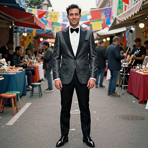 Photograph of a smiling man in a black patterned tuxedo, white shirt, black bow tie, standing in a vibrant street market with colorful