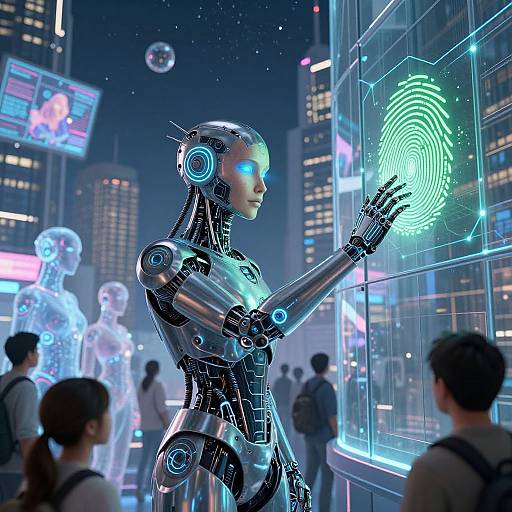 Cyberpunk scene: Female humanoid robot with glowing blue eyes and neon finger scan, surrounded by transparent holograms and neon-lit skyscrapers.