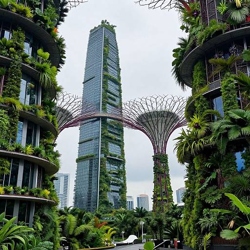 Photograph of a modern, green-clad skyscraper with a tree-like archway, flanked by lush, vertically-gardened buildings, in