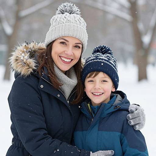 Photograph of a smiling woman and boy in winter clothes, white knit hats, and dark coats, standing in a snowy park.