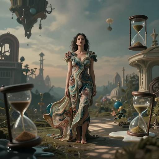 Digital art: Dreamy fantasy scene with a barefoot woman in flowing, multicolored dress standing between large hourglasses, surrounded by whimsical