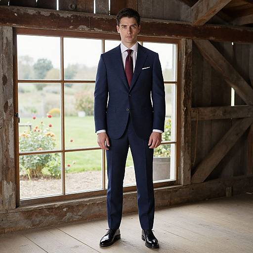 Photograph of a serious, dark-haired man in a navy suit with a white shirt and red tie, standing in front of a rustic wooden window with
