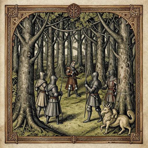 Medieval illustration: Five armored knights and a robed figure converse in a dense forest, with a deer at their side. Ornate border.
