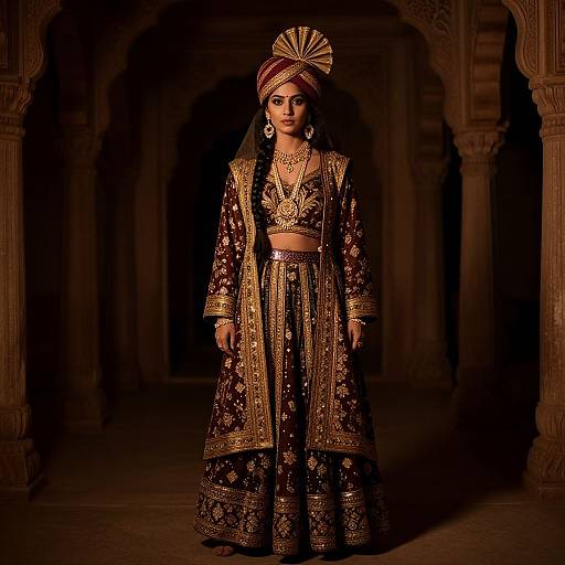 Photograph of a dark-skinned woman in an ornate, gold-embroidered traditional Indian outfit and headpiece, standing in a dimly