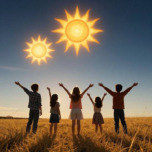 Children Reaching for Three Suns