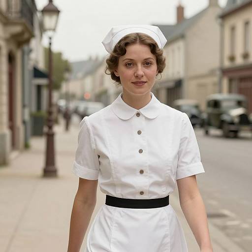 Photograph of a young woman with fair skin and curly brown hair, wearing a white nurse uniform with a black belt and cap, standing on a quaint