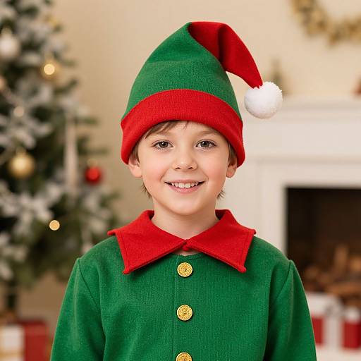 Photograph of a smiling young boy with light brown hair, wearing a green elf costume with a red collar and hat, standing in a Christmas-decor