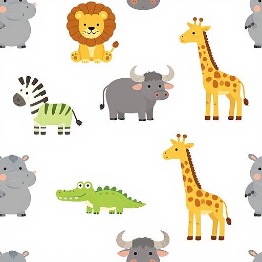 Cute cartoon animal pattern: lions, giraffes, hippos, crocodiles, zebras, and water buffaloes, all brightly