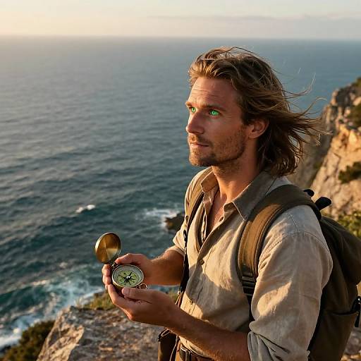 Photograph of a bearded man with long brown hair, holding a compass, standing on a cliff overlooking the ocean at sunset. Wearing a beige