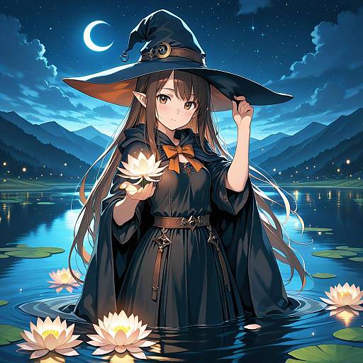 Moonlit Witch at the Lily Pond
