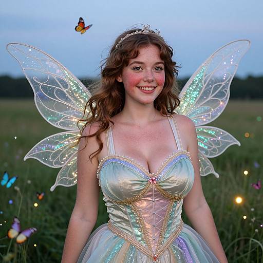Photograph of a smiling, fair-skinned woman with curly brown hair, wearing a glittery fairy costume, translucent wings, tiara, and a
