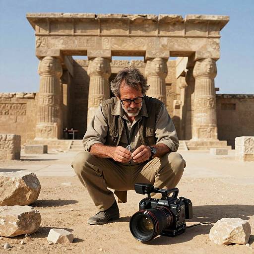 Photograph of an older man with gray hair, wearing beige and brown outdoor clothing, squatting in front of an ancient Egyptian temple, adjusting a camera