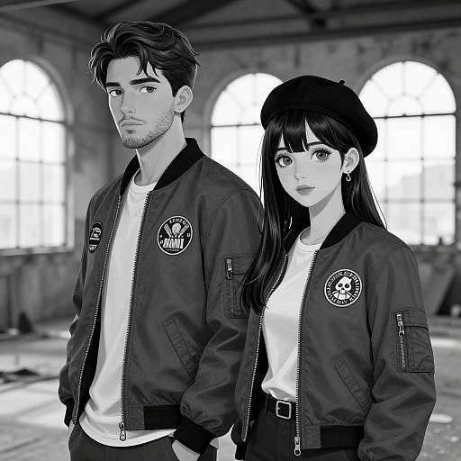 Black-and-white digital drawing of a serious, bearded man and a cute woman with long hair, wearing matching bomber jackets, standing in a dilapid