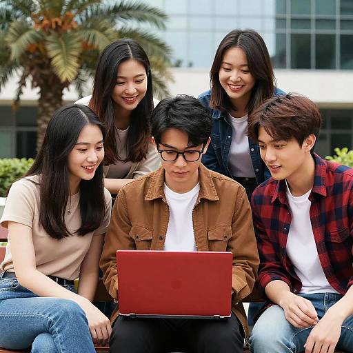 Four Friends Studying Outdoors Around Laptop