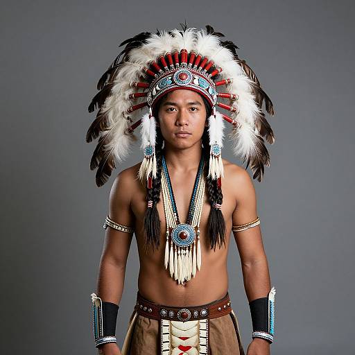 Photograph of a shirtless young man with tan skin, wearing a traditional Native American headdress, beaded necklace, and arm bands, against a