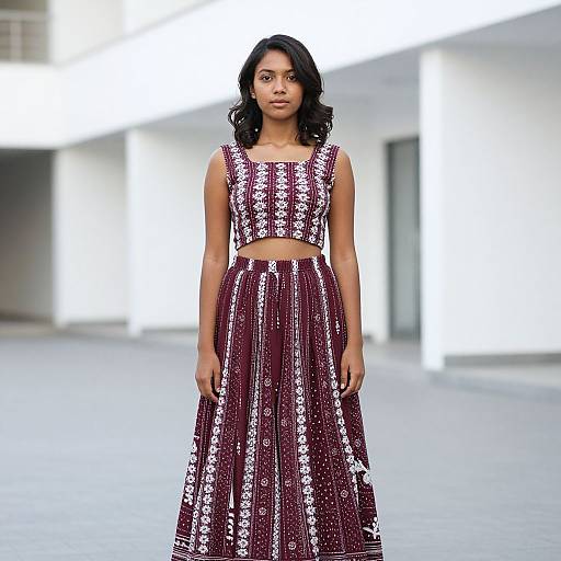 Photograph of a young woman with medium brown skin and black wavy hair, wearing a maroon and white patterned sleeveless crop top and skirt