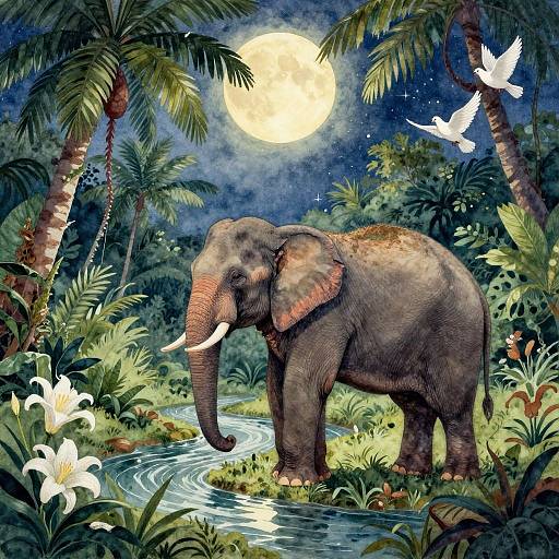 Surrealist Watercolor Elephant Scene