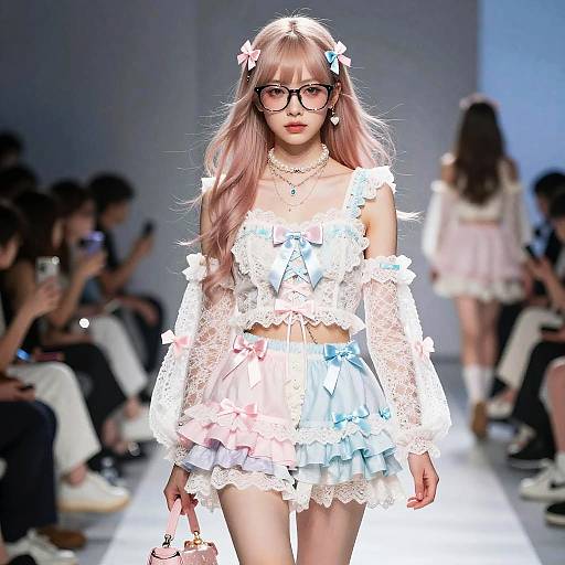 Fashion runway photograph of a young woman with long pink hair, wearing a white lace crop top and skirt with blue bows, black-framed glasses, and