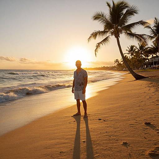 Photograph of a man in a Hawaiian shirt and white shorts standing on a golden sandy beach at sunset, with palm trees and ocean waves in the background