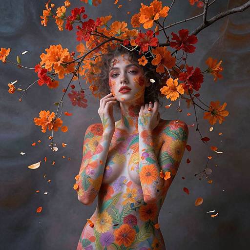 Photograph of a nude woman with colorful flower tattoos, wearing a floral headpiece, against a dark, smoky background, surrounded by falling petals.