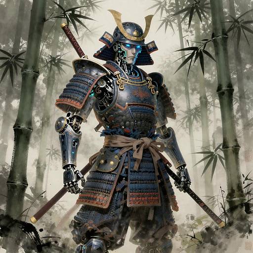 Neon Cybernetic Samurai in Bioluminescent Bamboo