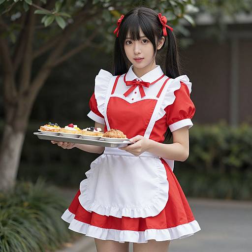 Woman in Red Maid Outfit