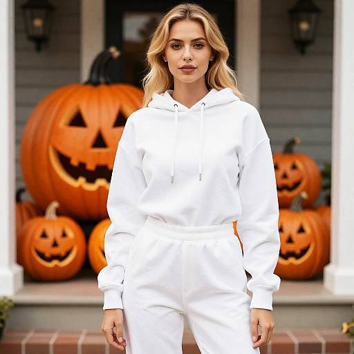 Blonde Woman in White Halloween Hoodie