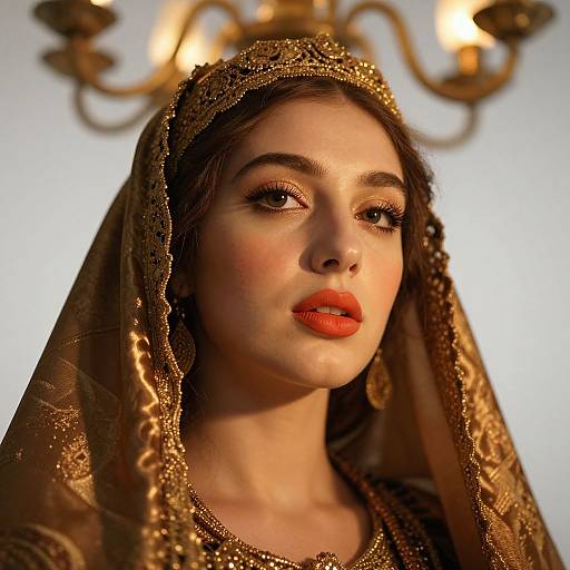 Photograph of a young woman with fair skin and red lips, wearing an ornate gold headscarf and matching jewelry, with a blurred chandelier
