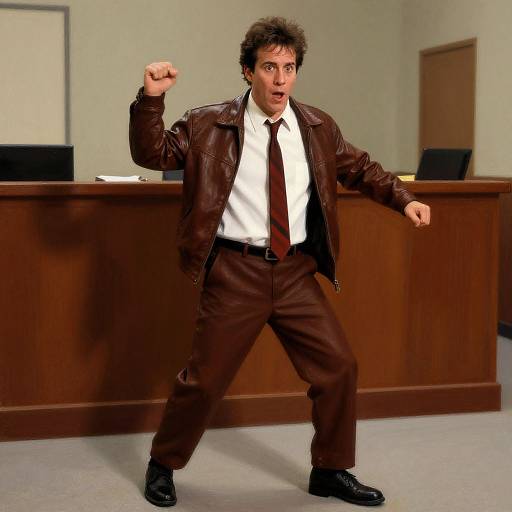 Photograph of a man with dark curly hair, dressed in a white shirt, black tie, and brown leather jacket, striking a dynamic fighting pose in