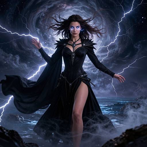 Digital fantasy artwork of a fierce, blue-eyed woman with flowing black hair, wearing a revealing black dress with lightning bolts surrounding her in a stormy,
