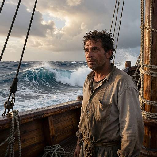 Weathered Fisherman Amidst Rugged Ship