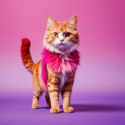 Ginger cat with pink fur accessory on colorful background