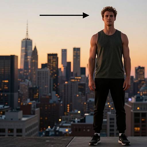 Photograph of a muscular, curly-haired man in a dark tank top and black pants, standing on a rooftop at sunset, with a city skyline and