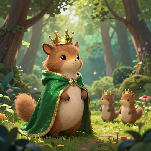 Whimsical digital illustration of a fluffy red squirrel in a green, sparkly royal cape and gold crown, standing in a sunlit forest with three