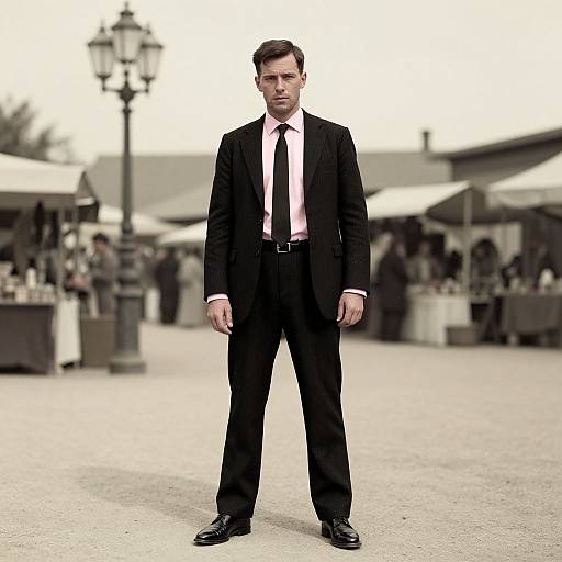 Photograph of a stern, clean-shaven man in a black suit, white shirt, and black tie standing in a blurred outdoor market.