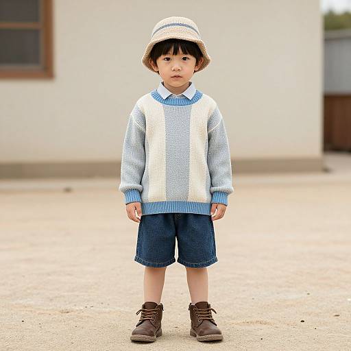 Photograph of a young Asian boy standing outdoors, wearing a light blue and white knit sweater, denim shorts, brown shoes, and a straw bucket hat