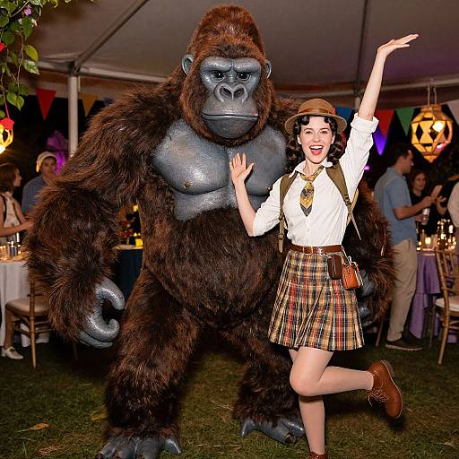 Photograph of a smiling woman in a 1920s-style outfit posing with a large, lifelike gorilla at a festive outdoor event under