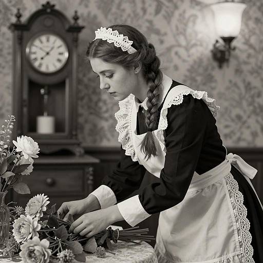 Victorian Maid Arranging Flowers in Sepia