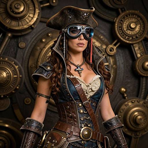 Steampunk woman in goggles, brown leather hat, dark blue corset, gold chain, brass gears background, detailed, fantasy, intricate, bold
