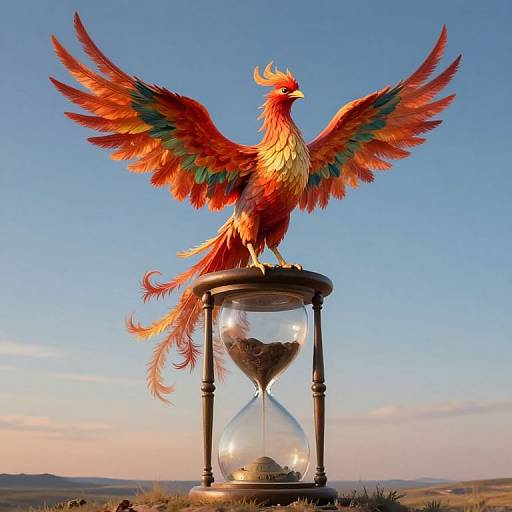 Photograph of a vibrant, multicolored phoenix with outstretched wings perched on a glass hourglass against a clear blue sky.