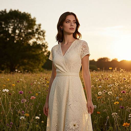 Photograph of a Caucasian woman with wavy brown hair in a white lace V-neck dress, standing in a sunlit meadow of wildflowers at