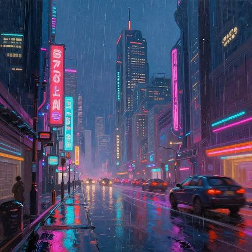 Neon-lit, rainy, urban street scene in a cyberpunk city at night. Brightly colored signs reflect off wet pavement, with blurred car