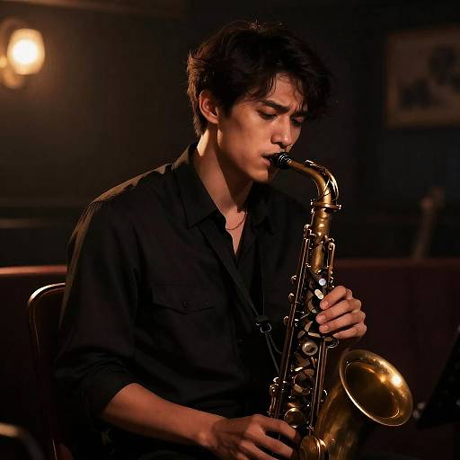 Somber Musician in Dim Jazz Club