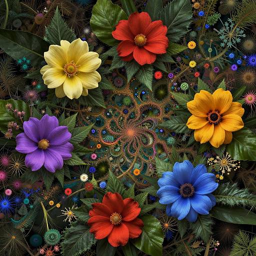 Vibrant digital artwork of colorful flowers, including red, yellow, purple, blue, and orange, surrounded by green leaves and intricate, swirling patterns