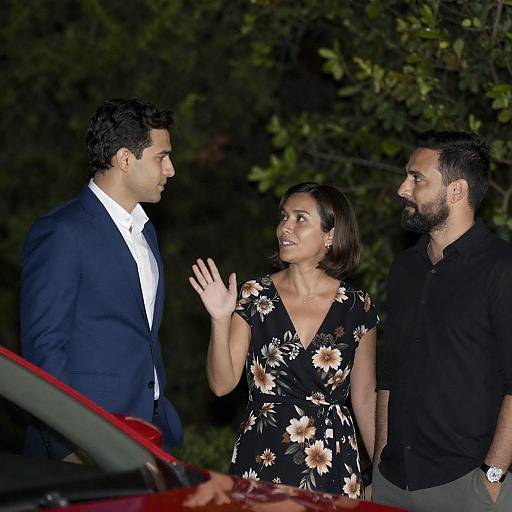 Nighttime Trio Beside Red Car