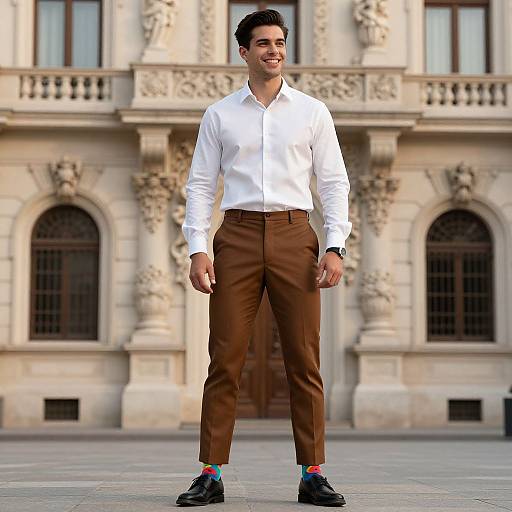 Photograph of a smiling man with dark hair, wearing a white shirt, brown pants, black shoes, and colorful socks, standing in front of an
