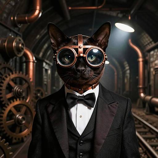 Steampunk black cat in a tuxedo, top hat, and vintage goggles, standing in a dimly lit, industrial steam-powered tunnel.