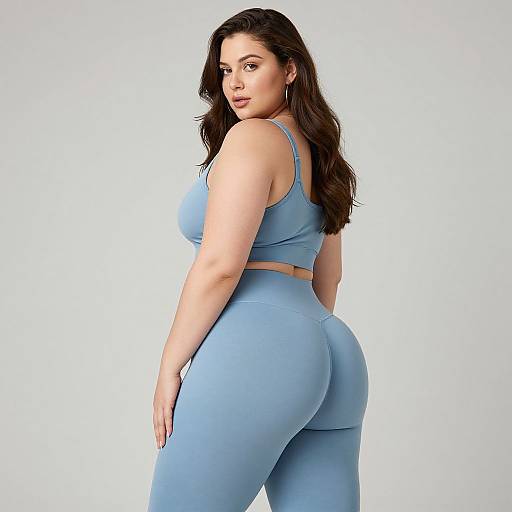 Photograph of a curvy, light-skinned woman with long dark brown hair, wearing a light blue sports bra and matching high-waisted leggings