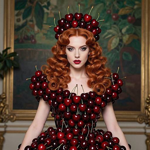 Photograph of a fair-skinned woman with red curly hair, wearing a dress entirely covered in dark red cherries, set against a classic painting background